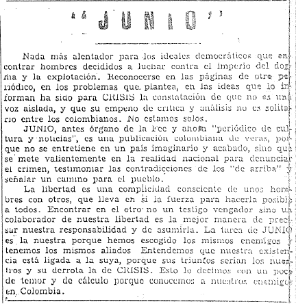 
Crisis.
Año I. 2. (Agosto de 1957). Medellín. Sobre la revista Junio.