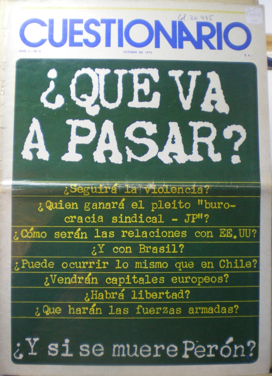 Cuestionario realiza la pregunta tabú:
“¿Y si se muere Perón?” (octubre de 1973)